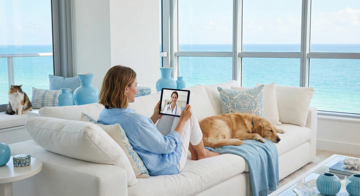 A premium pet care experience in a luxury sky blue apartment: A woman using vet online chat via tablet while relaxing with her golden retriever and cat.