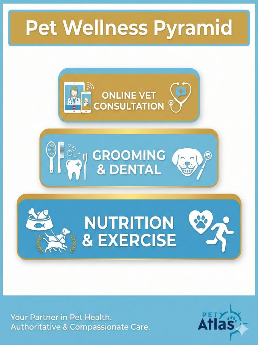 The preventative pet healthcare pyramid showing nutrition, pet dental health, and online vet consultation layers.