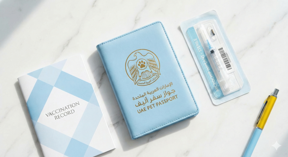 وثائق تسجيل الحيوانات الأليفة الأساسية في أبوظبي: جواز سفر أزرق فاتح وميكروتشيب على سطح رخامي أبيض، Pet-atlas