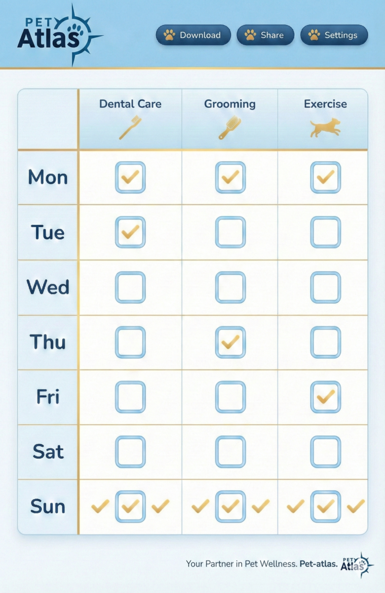 Weekly pet wellness routine checklist for monitoring pet nutrition, exercise, and preventative healthcare habits.