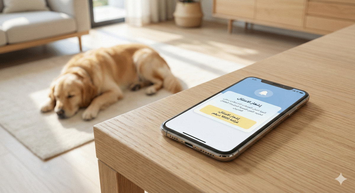 إشعار هاتفي بتصميم أزرق وأصفر ينبه من غرامة 1000 درهم لعدم تسجيل الحيوانات الأليفة في أبوظبي، تذكير من Pet-atlas.