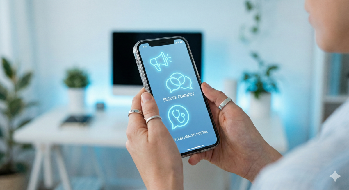 The Pet-atlas digital ecosystem on a smartphone: Minimalist sky blue icons for vet online chat, announcement channel, and community discussion group.