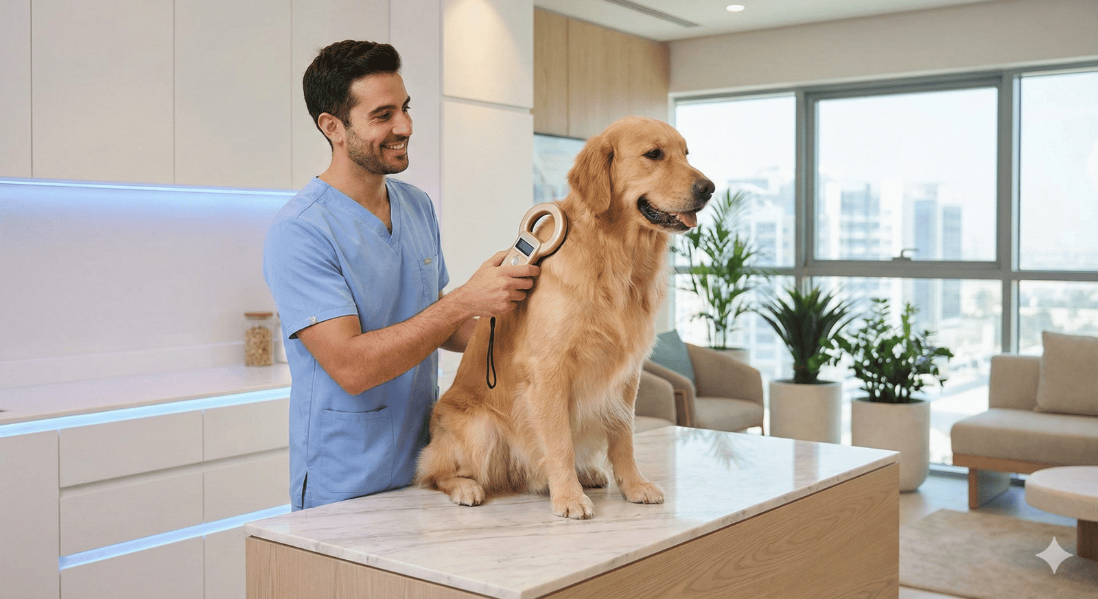 Veterinarian in light blue scrubs scanning a dog for microchip validation in Abu Dhabi, a Pet-atlas guide