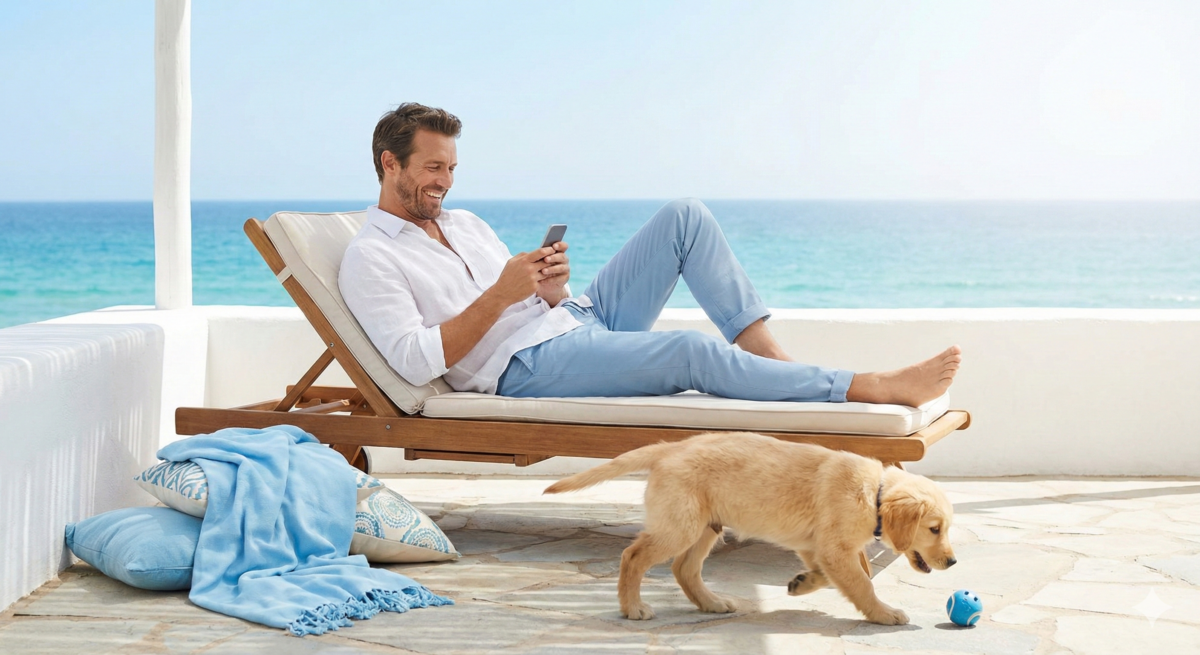 راحة البال في تربية الأليفة: رجل سعيد يستخدم خدمات خبراء Pet-atlas على شرفة مشمسة مطلة على البحر في الامارات