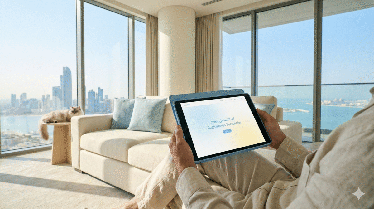 شخص يكمل تسجيل الحيوانات الأليفة في أبوظبي رقمياً عبر تابلت أزرق فاتح في بنتهاوس فاخر ومشرق، Pet-atlas