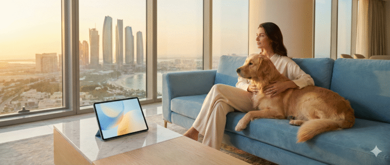 Pet registration Abu Dhabi guide by Pet-atlas: Woman with dog in a luxury sky blue penthouse.