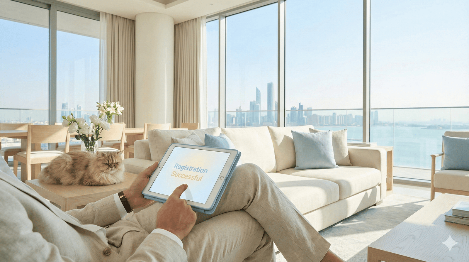 Pet registration Abu Dhabi via TAMM portal on a sky blue tablet in a luxury penthouse, by Pet-atlas