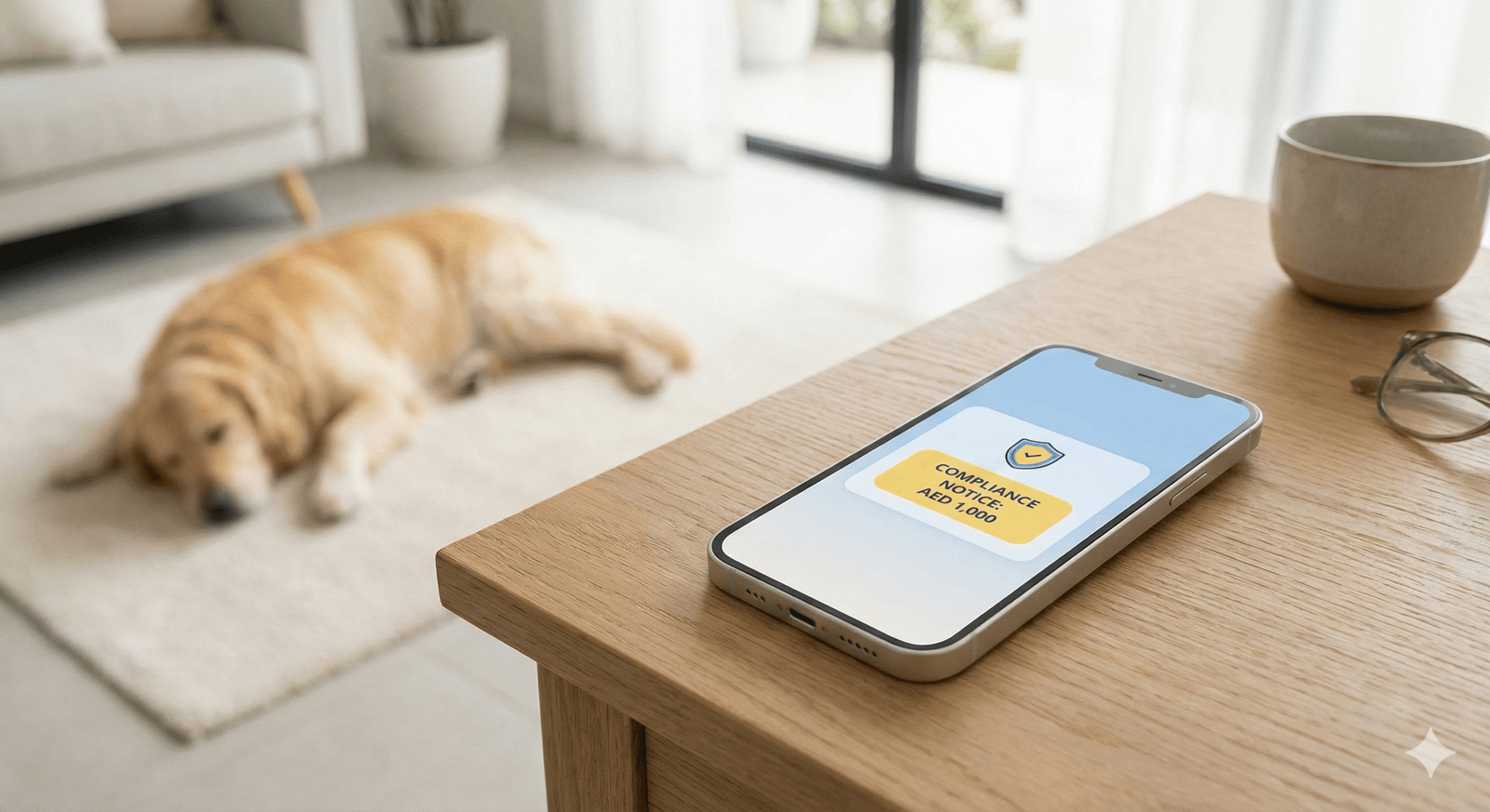 Smartphone notification for 1,000 AED pet registration fine in Abu Dhabi with blue and yellow Pet-atlas theme.