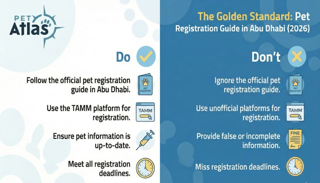 Infographic: Pet registration guide in Abu Dhabi 2026 by Pet-atlas, featuring a Do and Don't checklist for pet owners.