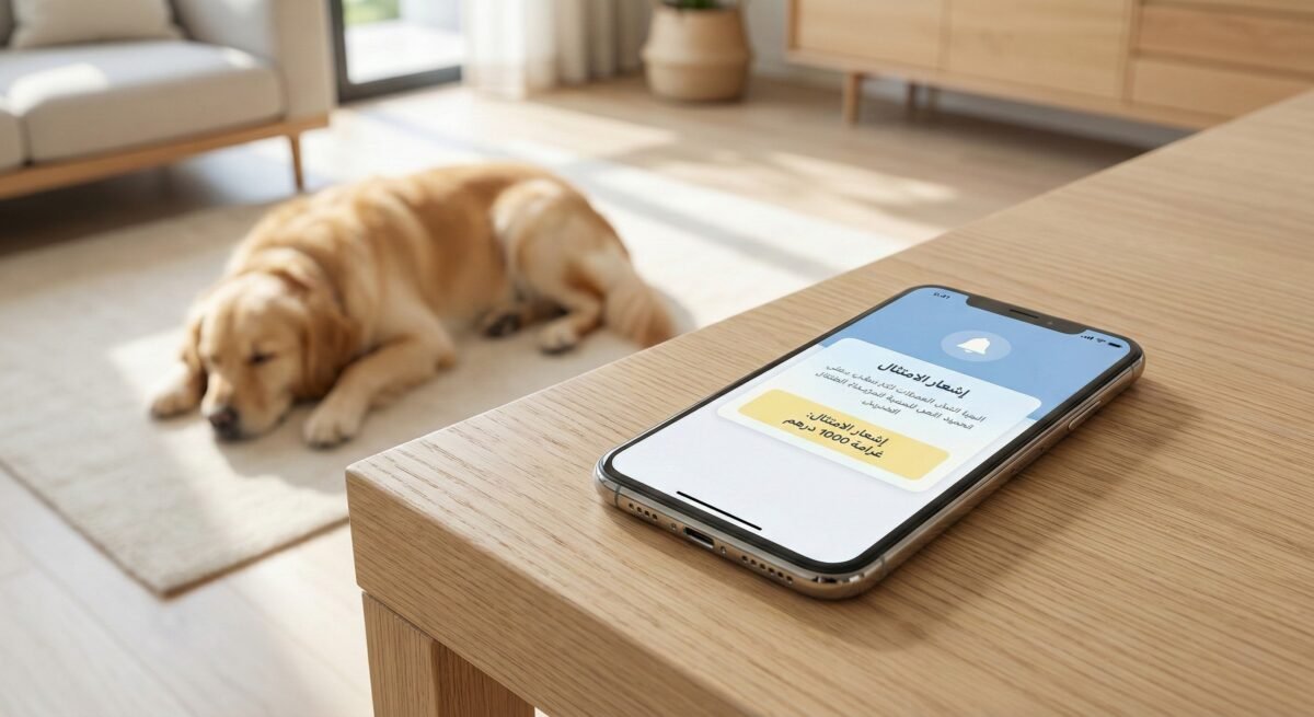 إشعار هاتفي بتصميم أزرق وأصفر ينبه من غرامة 1000 درهم لعدم تسجيل الحيوانات الأليفة في أبوظبي، تذكير من اطلس البيطرية.