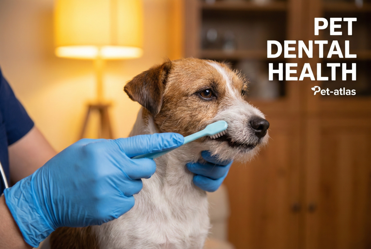 Close-up of a pet owner following professional pet grooming tips to maintain pet dental health with a light blue toothbrush.