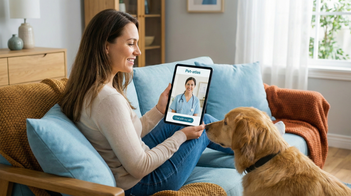 Pet owner using an online vet consultation on a tablet to discuss a pet vaccination schedule through the Pet-atlas platform.