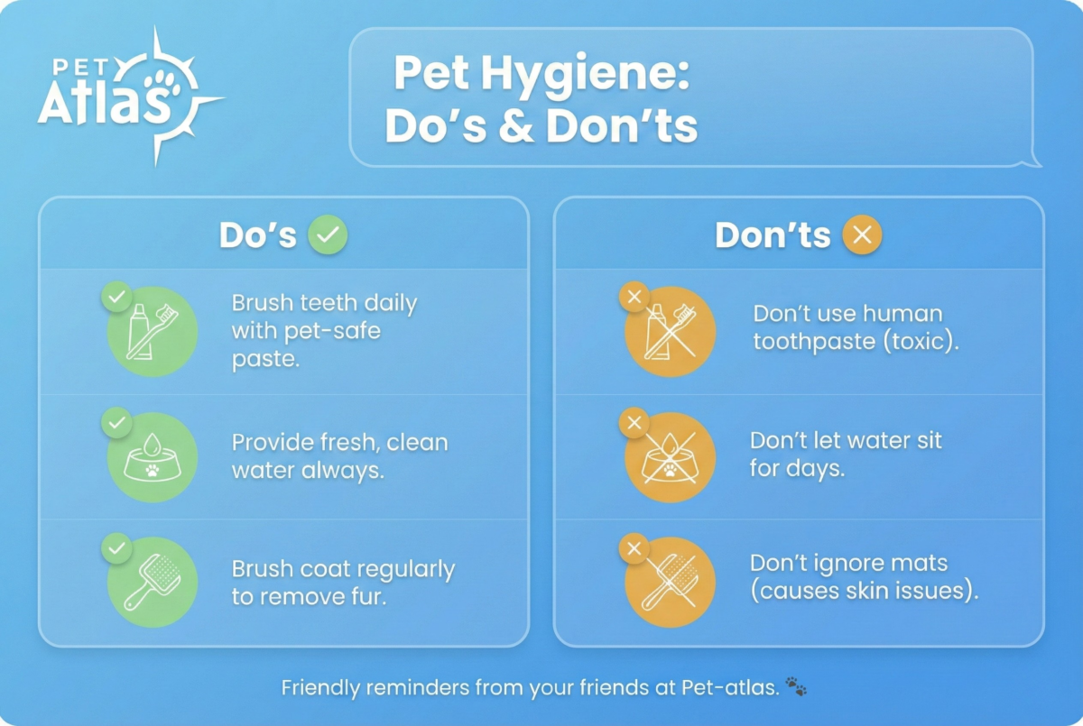 Essential pet wellness routine do's and don'ts infographic for pet hygiene and preventative healthcare - Pet-atlas.