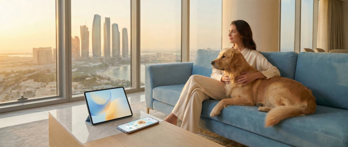 الأليفة في أبوظبي من Pet-atlas: سيدة مع كلبها في بنتهاوس فاخر باللون الأزرق الفاتح.