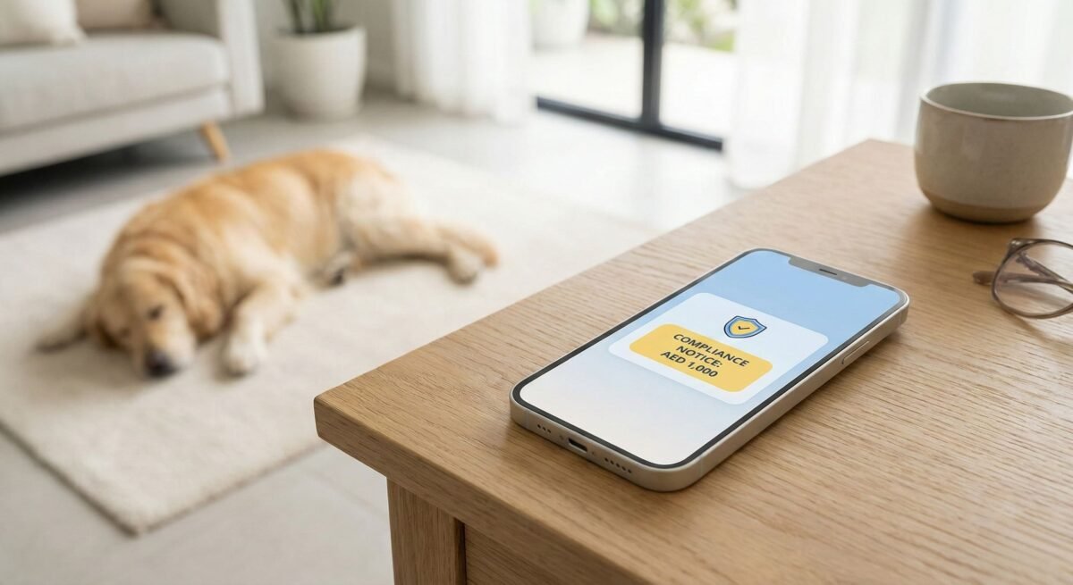 Smartphone notification for 1,000 AED pet registration fine in Abu Dhabi with blue and yellow Pet-atlas theme.