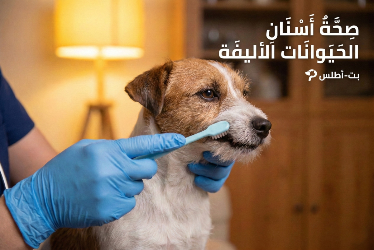 لقطة قريبة لصاحب أليف يستخدم فرشاة أسنان زرقاء فاتحة للعناية بأسنان الكلب ضمن روتين النظافة الاحترافي.