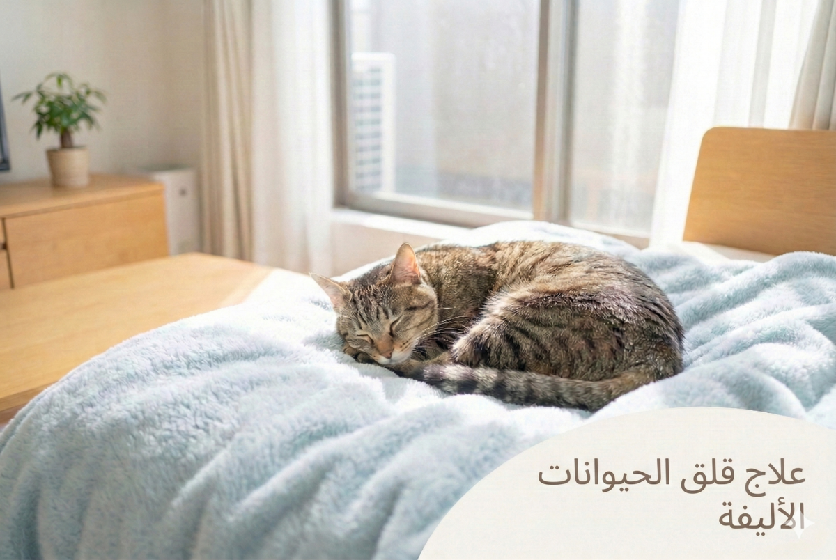 قطة مسترخية على بطانية زرقاء سماوية توضح تقنيات إدارة القلق عند الحيوانات الأليفة لبيئة خالية من التوتر.