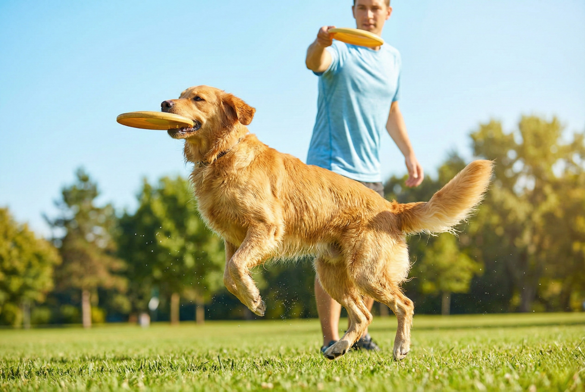 A healthy dog playing in a park to illustrate the balance of pet nutrition and exercise for long-term health.