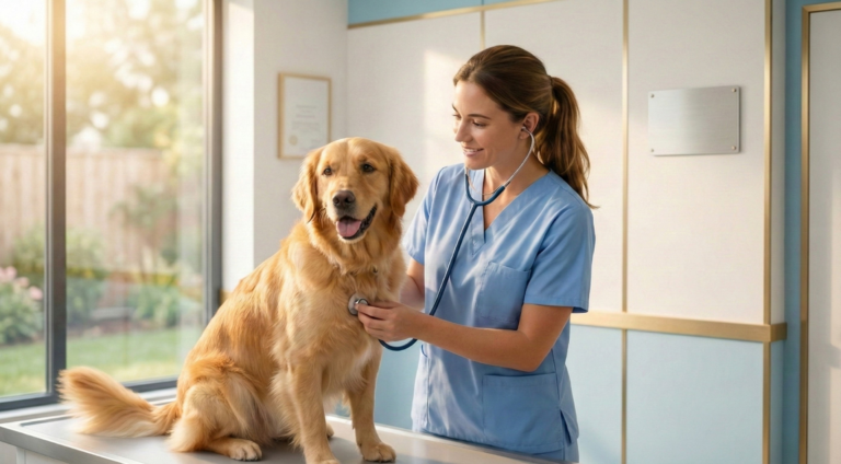 A professional veterinarian in light blue scrubs performing a preventative pet healthcare exam on a dog as part of a consistent pet wellness routine.