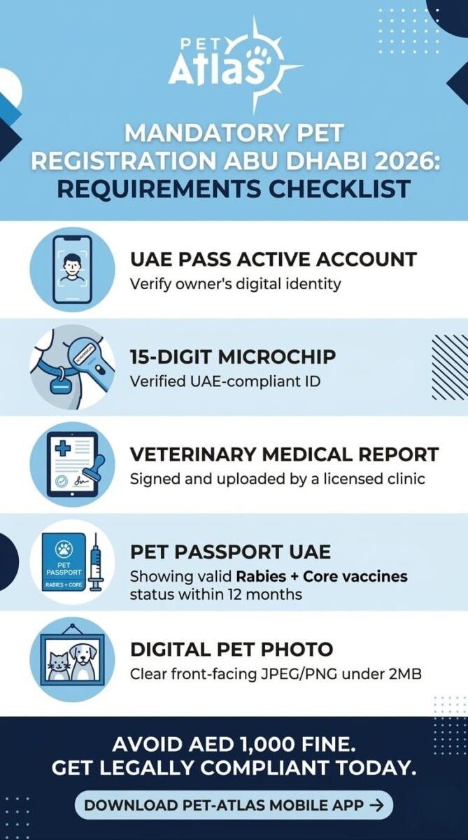 Pet Registration Abu Dhabi 2026 Requirements Checklist by Pet-atlas: UAE Pass, Microchip, and Medical Report.