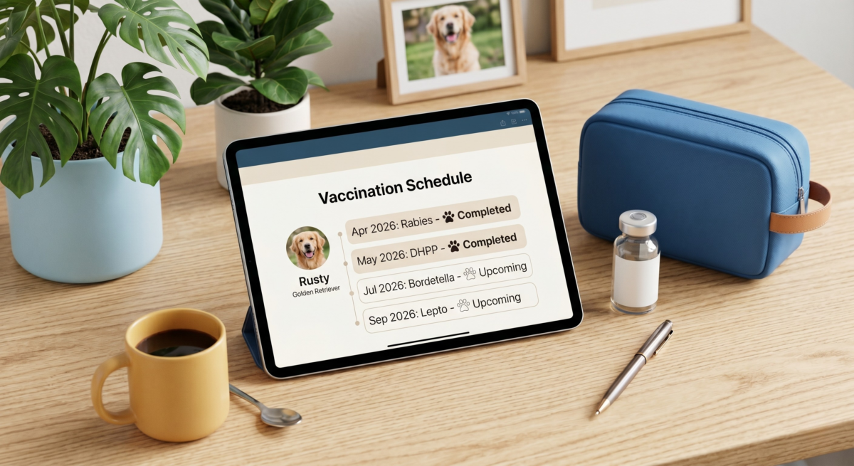 A digital pet vaccination schedule displayed on a tablet, placed next to veterinary medical tools on a wooden desk.