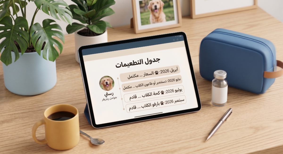 ```
جدول تطعيمات الحيوانات الأليفة الرقمي معروض على تابلت، موضوع بجانب أدوات بيطرية على مكتب خشبي.
