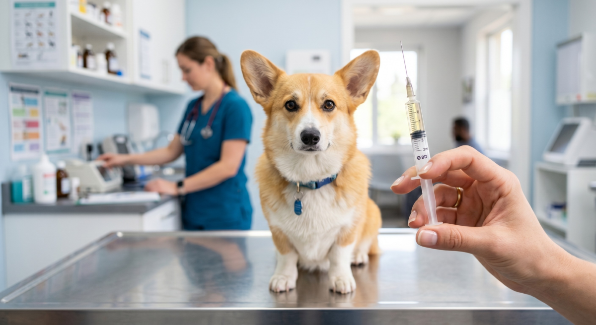 A hand holding a syringe ready for a pet vaccinations, with a calm Corgi dog sitting on a stainless steel examination table in a modern vet clinic.