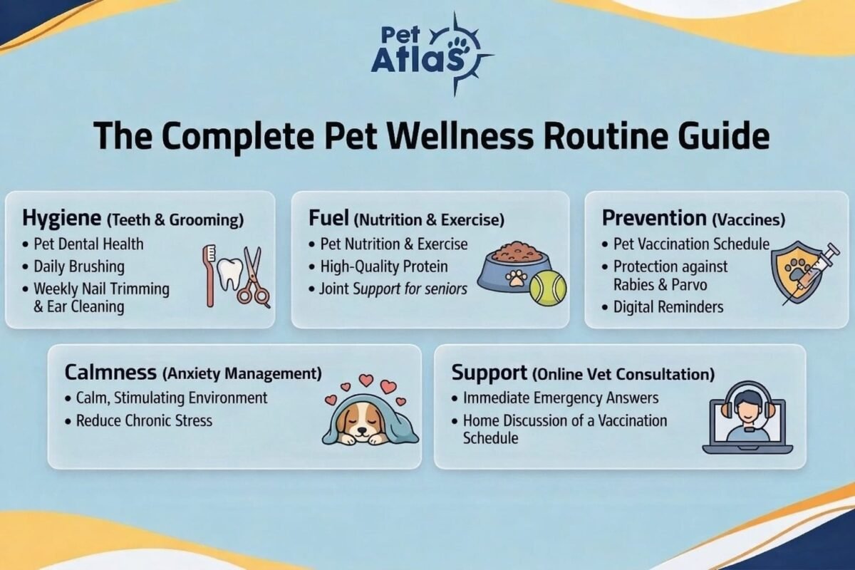 Comprehensive Pet Wellness Routine infographic by Pet-Atlas featuring 5 pillars: preventative healthcare, nutrition, dental care, grooming, and online vet consultation.
