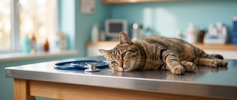 A healthy cat resting on a vet clinic table next to a stethoscope, highlighting the importance of routine checkups for common pet diseases in the UAE.