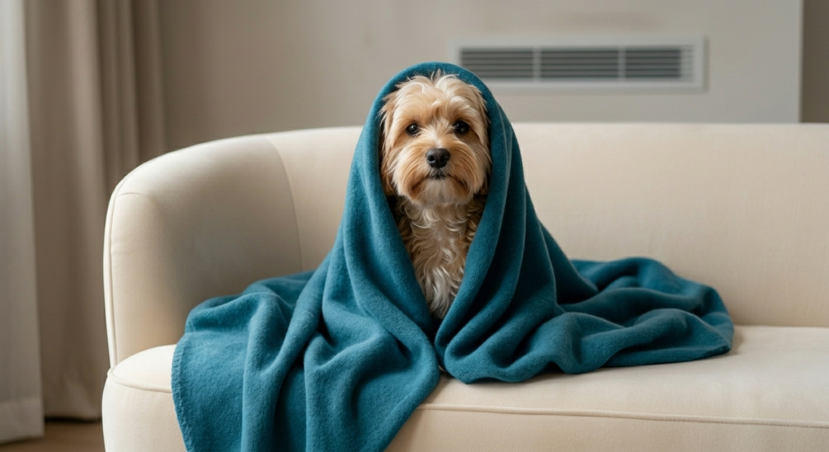 Cute dog bundled under a teal blanket on a sofa, protecting from cold AC in Dubai, a common pet cold AC UAE issue. Professional high-end photoshoot style.