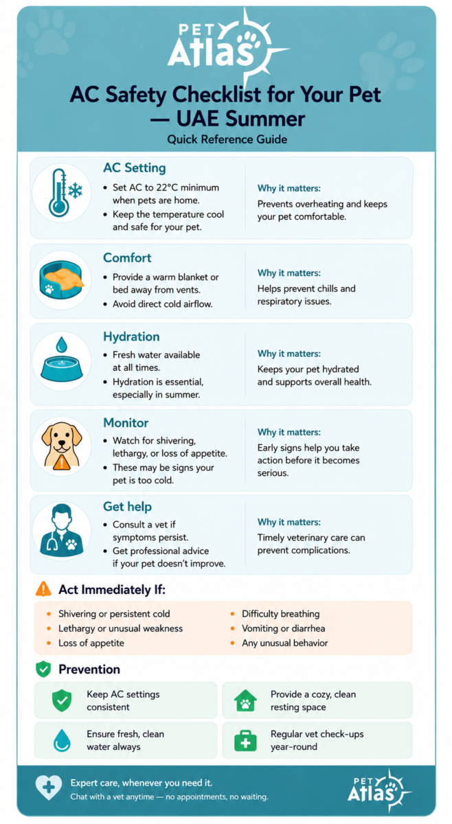 Pet cold AC UAE summer checklist — Pet Atlas guide for safe AC
settings, comfort tips, and warning signs for cats and dogs in Dubai