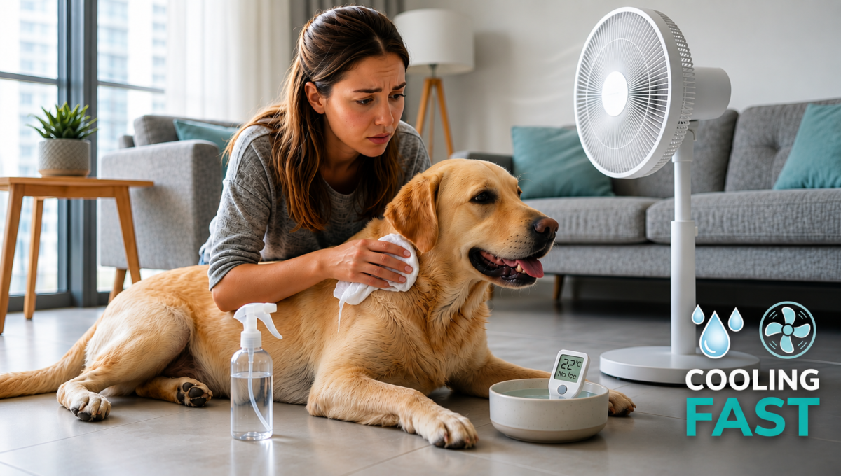 A pet owner using a damp cloth and a fan to safely cool down a dog showing severe pet overheating signs UAE.