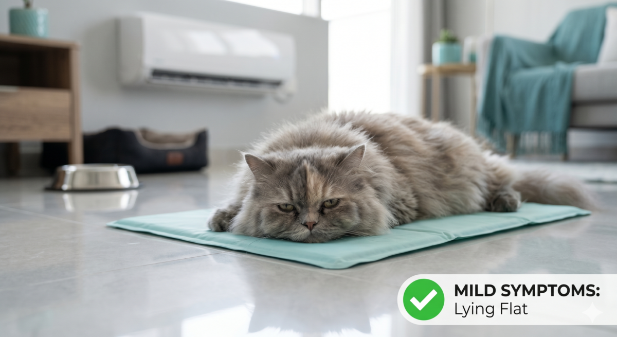 A Persian cat lying flat on a cooling mat indoors, displaying mild pet overheating signs UAE