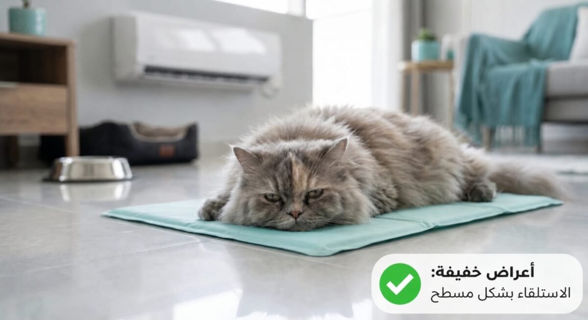 أعراض ضربة الشمس عند الحيوانات الأليفة في الامارات: قطة فارسية تستلقي على حصيرة تبريد للتخفيف من الحرارة داخل المنزل.