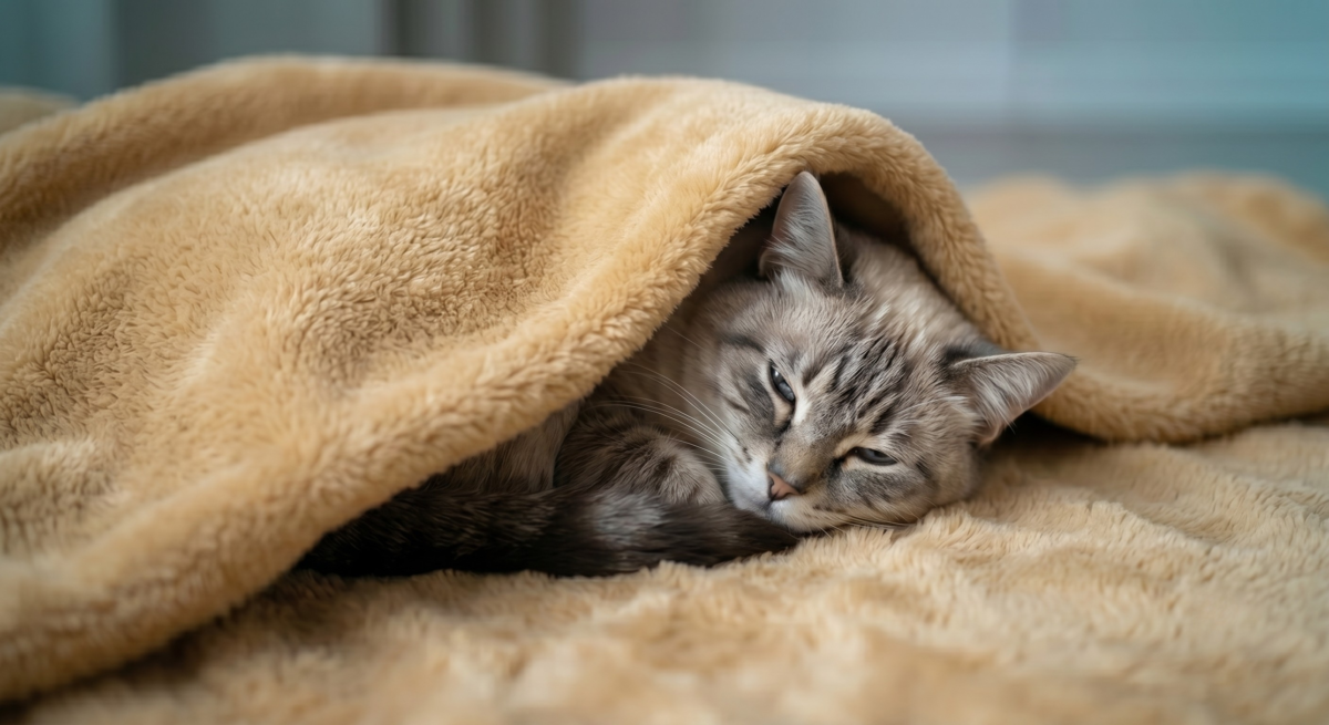 A cat curled tightly under a soft gold rug, showing pet cold AC UAE symptoms of discomfort. Macro photography focused on shivering fur texture.
