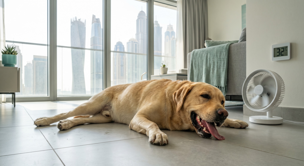 A panting Labrador dog resting on a tile floor in a sunny Dubai apartment, showing early pet overheating signs UAE.