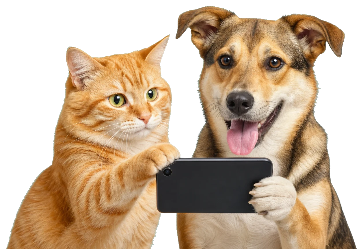 Cat and dog using a tablet together
